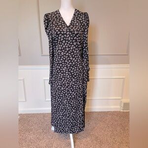 Ann Taylor 14 wrap maxi dress black gray abstract puff sleeve jersey stretch